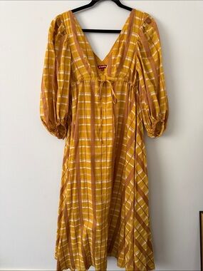 STAUD Mustard and Tan Plaid V-Neck Midi Dress